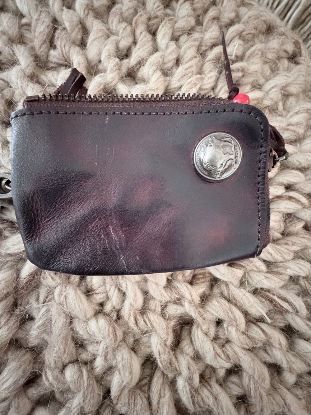 Leather Zip Coin  card Pouch - Dark Brown Buffalo Nickel
